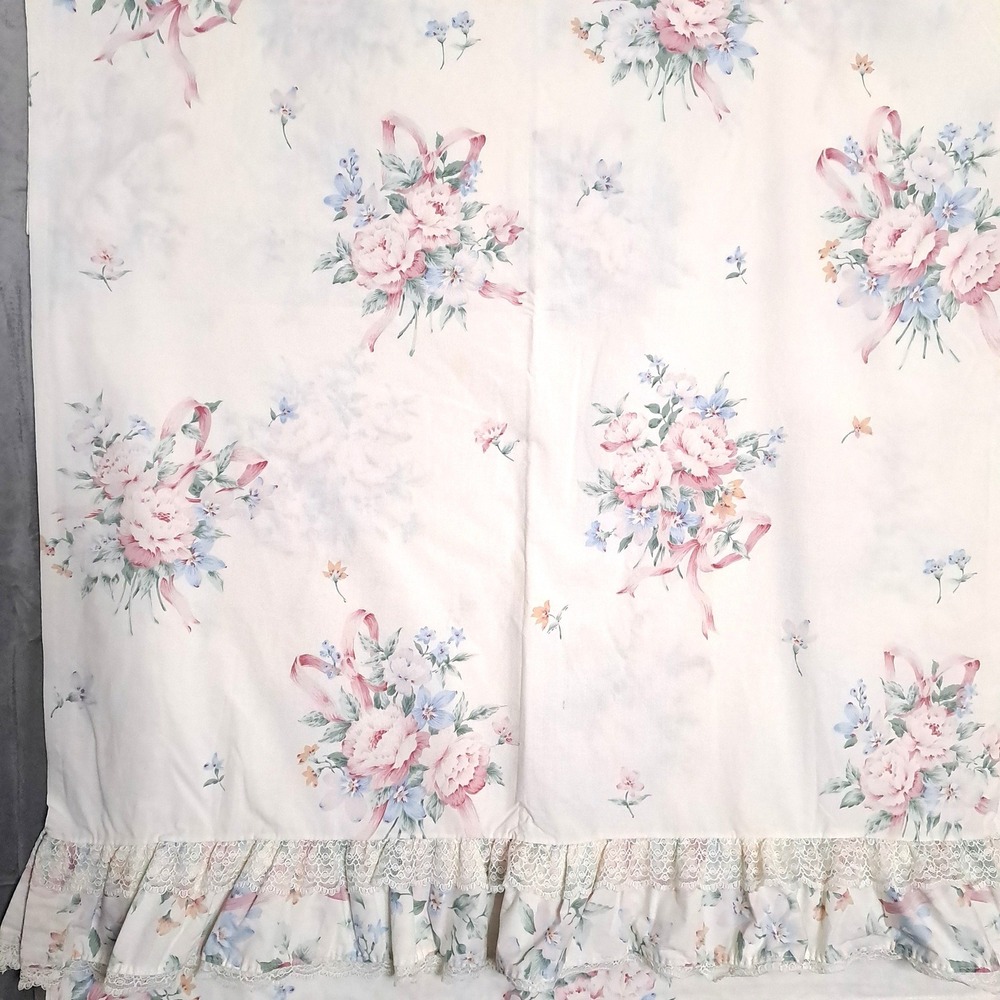 Springmaid‎ Floral Flat Sheet Twin White Pink Blue Lace Ruffle Vintage Percale
